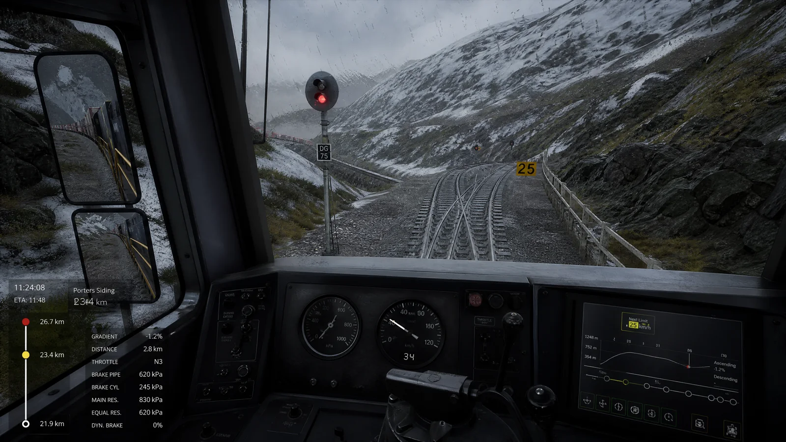 Locomotive cab gameplay descending a snowy alpine pass with brake pressure, throttle, gradient and route HUD.