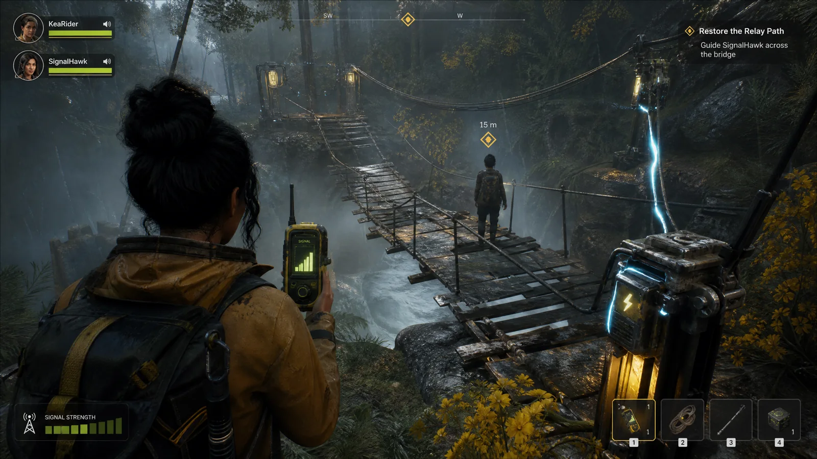 Co-operative forest gameplay using a handheld relay to guide a teammate across a broken bridge with signal HUD.
