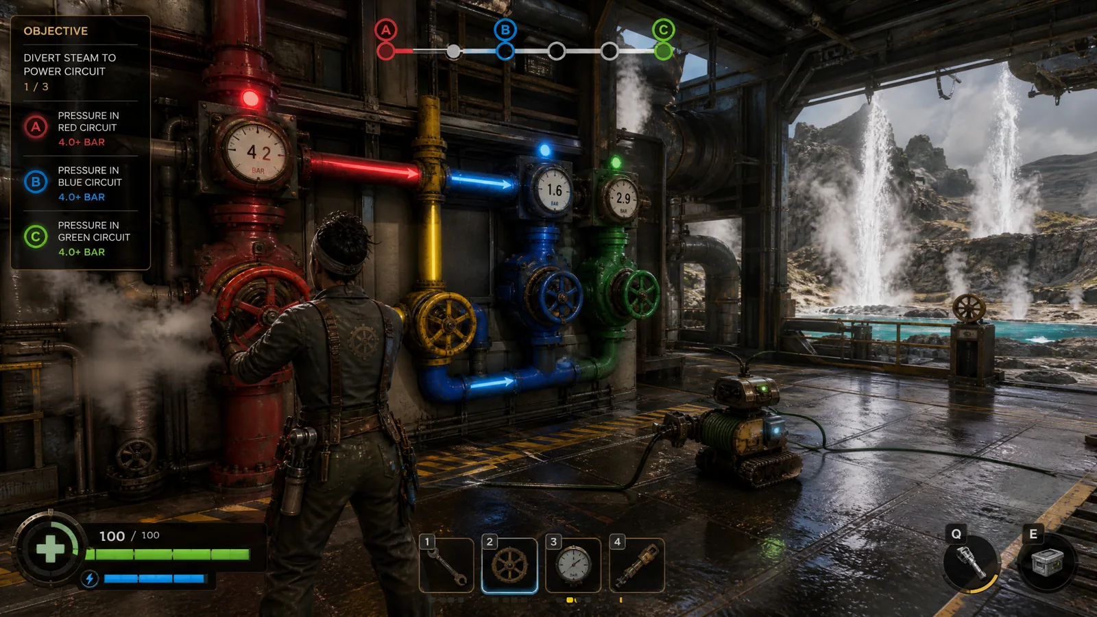 Mechanic redirects geothermal steam while a robot carries cable, with pressure, circuit and tool HUD.