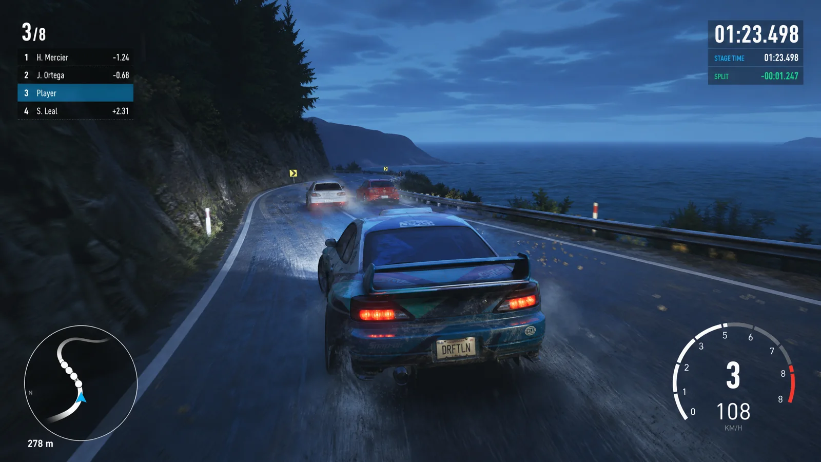 Third-person rally gameplay on a wet New Zealand coastal mountain road with speed, gear, stage-time and minimap HUD.